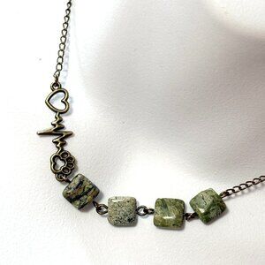 2/$20, Natural Green Serpentine Paw Print Heart Beat Mismatched Bronze Necklace